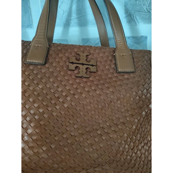 TORY BURCH THEA Tobacco Brown WOVEN Leather Center Zip Handbag READ - Picture 3 of 16